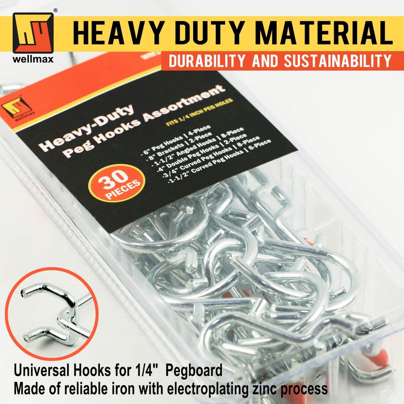Wellmax Heavy Duty Pegboard Hooks Set â€“ 30-Piece Peg Board Organizer Accessories for Garage, Workshop & Craft Room | Fits 1/4-Inch Peg Holes â€“ Pegboard Accessories for Tools & Garage Organization - Image 2